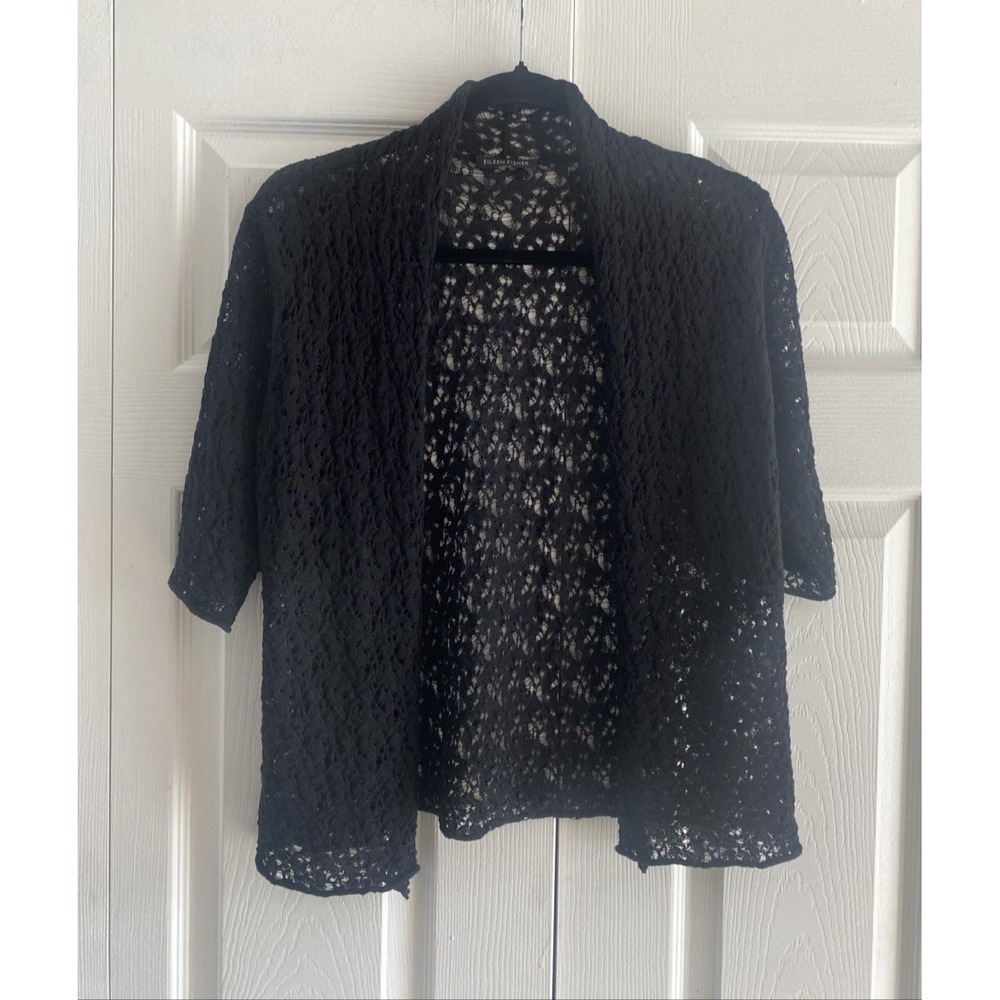 Eileen Fisher Lace Knit Cardigan Womens Size L Black Wool Open Front Layering